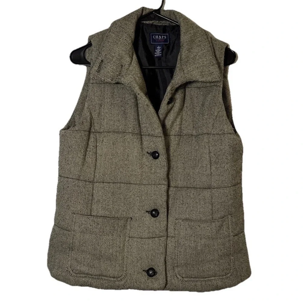 Chaps Denim Herringbone Wool Blend Vest Womens‎ L Gray Button Front Puffer